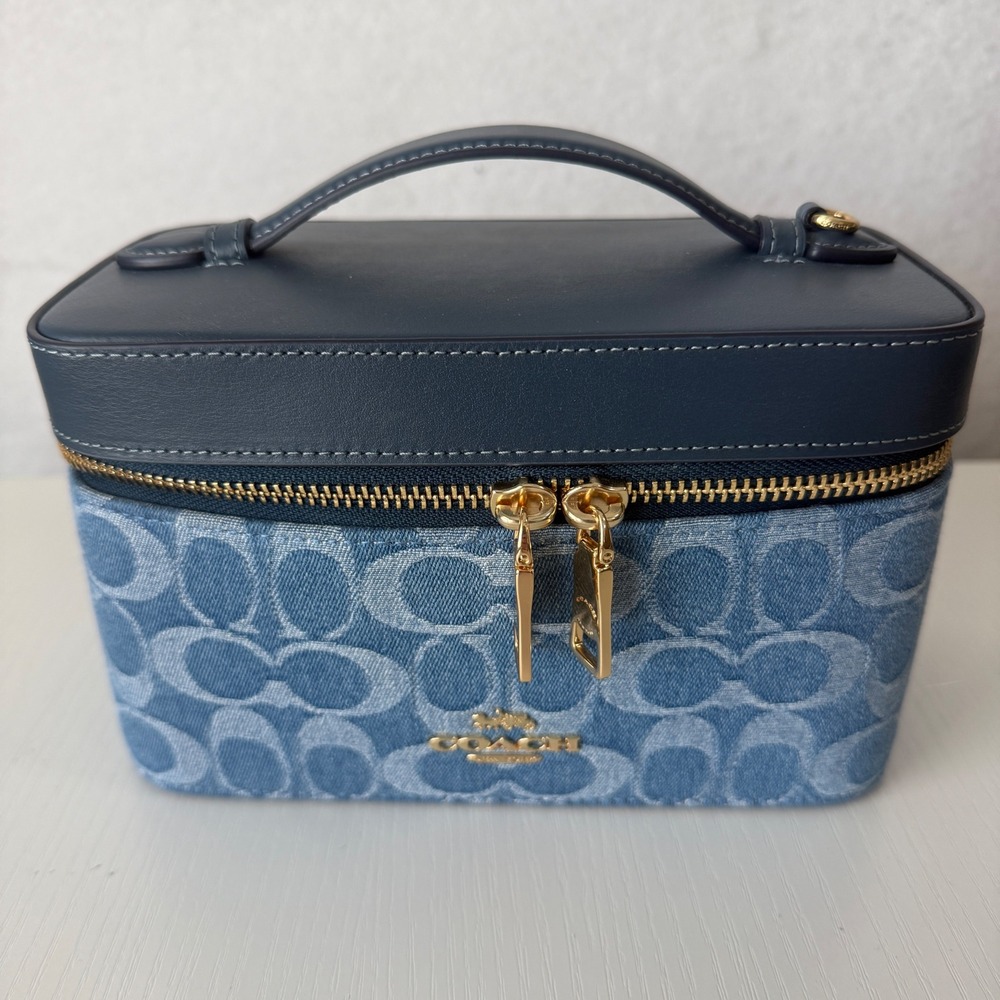 Coach Signature Denim Cosmetic Case Travel Makeup Vanity Train Bag Mirror New